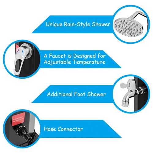 Features of Solar Pool Shower, Including Shower Head, Faucet, Hose Hook up and Temperature Handle